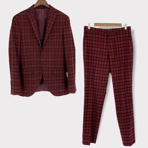 Topman Red and Orange Plaid Print 2 Piece Suit